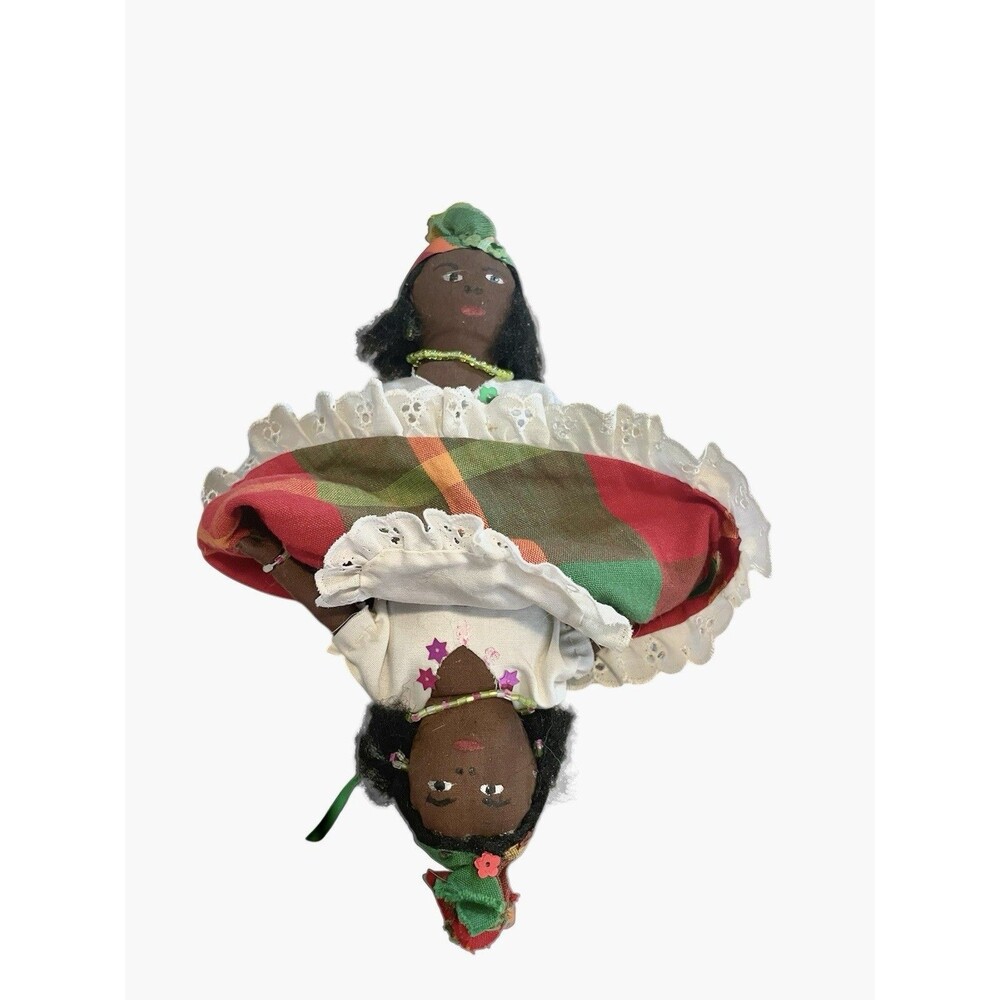 Topsy Turvy Plaid Cloth Doll African Caribbean 10”